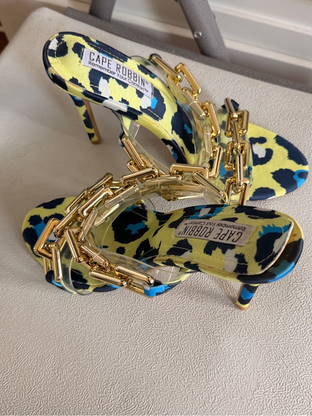 Cape Robbin Yellow and Blue Leopard-Print Chain Heeled Sandals